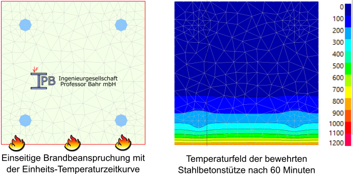 Diskretisierung der Stütze (links) und Temperaturfeld nach 60 Minuten Branddauer (rechts) gemäß der ETK